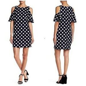 Eliza J Womens Navy Polka Dot Round Neck Cold Shoulder Sleeve Mini Dress Size 0